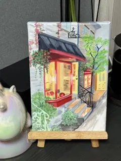 「商店街」　手描き　油絵　風景画　原画