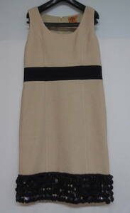☆TORY BURCH 裾 ビーズ 装飾 ノースリーブ ウール ワンピース ベージュ×ブラック Sサイズ トリーバーチ
