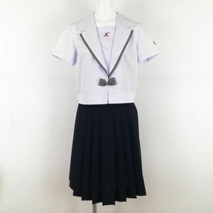 1円 セーラー服 スカート リボン 上下3点セット M 夏物 柄1本線 女子 学生服 鹿児島加世田高校 白 制服 中古 ランクC NA1506