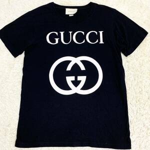 美品 グッチ【大人気デザイン】 GUCCI 半袖 Tシャツ カットソー トップス インターロッキング ロゴ メンズ ブラック サイズS