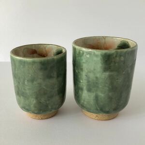 清水焼 陶あん 織部 芙蓉 組湯呑 ◆ 京焼 陶 茶器 煎茶 茶道具 青磁 夫婦 ペア 緑 花 コップ 染付 昭和 レトロ 古道具 古民具 湯呑 長湯呑