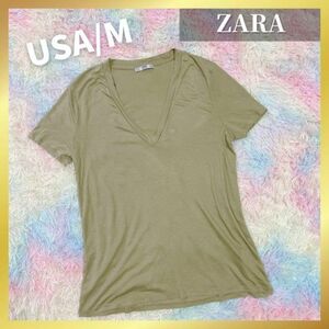 【送料無料】SALE中！ZARA カーキ Vネック半袖Tシャツ M ザラ レディース ファッション シンプル