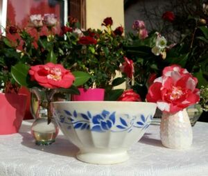 アンティークフランス大きなボウル青い花XXLアールデコ調1930 - 1940
