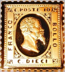 3/ イタリア 皇帝 エマヌエーレⅡ世 10セント 最初の切手 メダル コレクション 国際郵便 限定版 純金張り 24KT 純銀製 コイン プレート