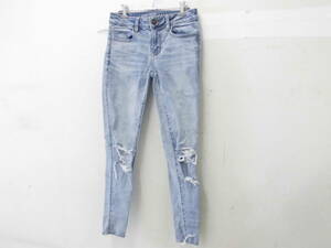 a259◆AMERICAN EAGLE SUPER STRETCHスキニージーンズ◆アメリカンイーグル JEGGING サイズ0 インディゴ色 クラッシュ加工 裾切りっぱ2J