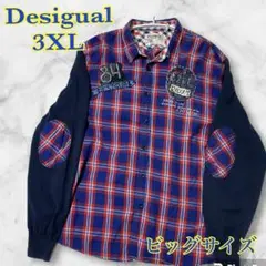 デシグアル　異素材切り替え　シャツニット　チェック　ワッペンエルボーパッチ3XL