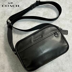 極美品●COACH コーチ グラハム メンズ ダブルジップ 2室 ショルダーバッグ カメラバッグ 斜め掛け クロスボディ レザー 本革 黒 ビジネス