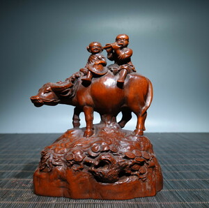 【古寶奇蔵】黄楊木製・細密彫・童子騎牛・置物・賞物・中国時代美術
