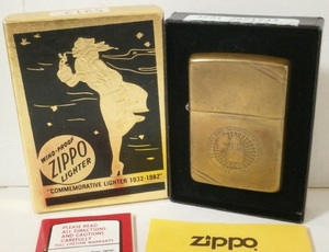 箱付 ZIPPO 50周年記念モデル 1982年 Commemorative 金色 SOLID BRASS 80s Vintage 50 YEARS AND GLOWING STRONGER ダイアゴナルライン