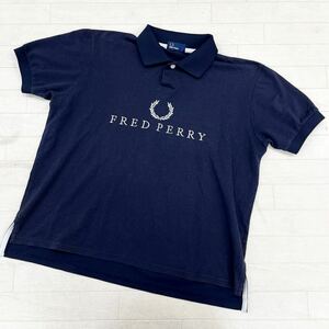 1435◎ FRED PERRY フレッドペリー トップス ポロ シャツ ハーフボタン 半袖 ビック ロゴ 刺繍 ネイビー メンズL