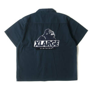 X-LARGE エクストララージ シャツ サイズ:M ゴリラロゴ ワッペン オープンカラー 半袖 ワークシャツ ネイビー トップス カジュアルシャツ