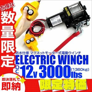 【限定セール】電動ウインチ 最大牽引 3000LBS 1361kg DC12V 防水 付属品フルセット マグネットモーター 引き上げ 牽引 ホイスト クレーン