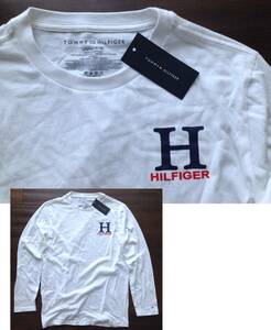 【既決USA】トミーヒルフィガー★TOMMY HILFIGER@完売胸元&袖刺繍【TH Flag 】ロゴ入長袖Tシャツ【TH Logo Graphic Long Sleeve Tee】白 @S