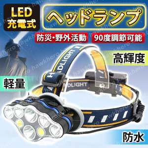 高輝度 LED ヘッドランプ 8灯 USB充電式 バッテリー付 軽量 防水 90度調節 COB 防災 停電 災害 登山 アウトドア 作業灯 釣り ランニング 夜