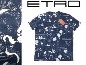 9万新品◆XXL◆【ETRO】エトロ◆イタリア製 マリンモチーフペイズリー マーメイドTシャツ ネイビー系 紺 1円