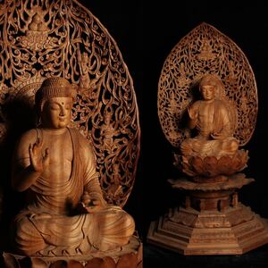 時代　木彫　阿弥陀如来　仏像　仏教美術　細密彫刻　高さ88㎝　骨董　古美術　（P52Ir0421R0604082）
