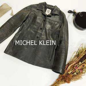 ミシェルクラン MICHEL KLEIN レザージャケット サイズ40 L ブラック 牛革 ステンカラー 韓国製 ミドル丈 フルボタン ポケット 3224