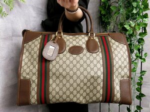 超美品●GUCCI オールド グッチ●シェリー●GGスプリーム●PVC カーフ レザー 本革●ボストン バッグ●ベージュ ブラウン●大容量●Js45908