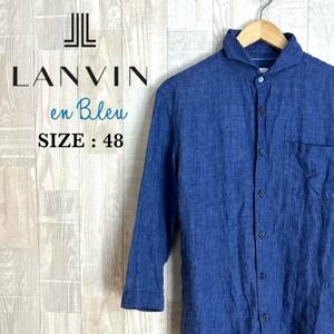 M3755 LANVIN en Bleu ランバンオンブルー　リネン7分袖シャツ　青系　サイズ48 麻100％　リネン100％　日本製　トップス　メンズ