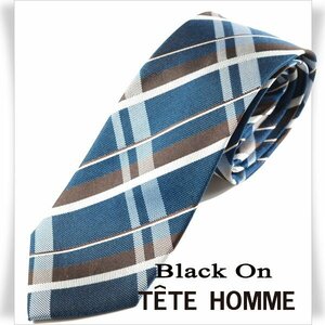 新品1円～★Black On TETE HOMME テットオム シルク絹100％ ネクタイ チェック ブルー 正規店本物◆1151◆