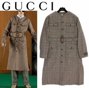 49万新品◆48=M◆GUCCIグッチ 茶系プリンスオブウェールズチェック柄 ウールノーカラーベルテッドコート ㈱ケリング 1円