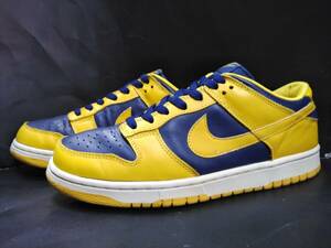 ナイキNIKEナインティーズ初期復刻1999年製90sビンテージ裏DUNK LOWミシガンカラー裏ダンクロー黄/紺レザー27.0㎝US9.0美中古品630358-741