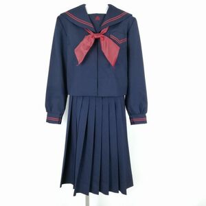 1円 セーラー服 スカート スカーフ 上下3点セット 160A 富士ヨット 冬物 赤2本線 女子 学生服 鹿児島城西中学 紺 制服 中古 ランクB NA1325