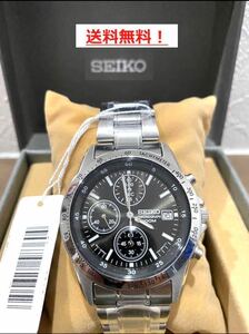 【送料無料】新品 未使用 腕時計 人気！ SEIKO（セイコー） メンズ クロノグラフ シンプル オシャレ 激安 クオーツ シルバー 防水 ブラック