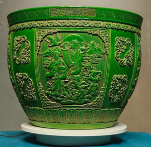 清代　乾隆年　満工　緑釉　高浮き彫り　福緑寿紋古磁気缶