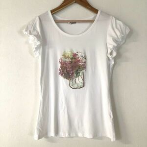 イタリア製 花柄 パフスリーブ デザイン tシャツ Anna Lisa レディース Mサイズ ホワイト