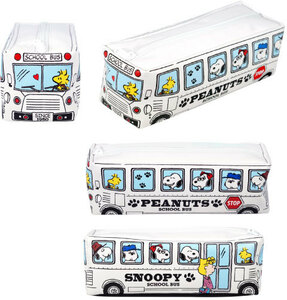 新品 スヌーピー スクエア型 スクールバス ペンポーチ ホワイト ペンケース ポーチ 筆箱 四角 箱型 バス型 大容量 合皮 ビニール 白 可愛い