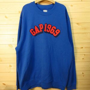 ◎使用少なめ！GAP ギャップ◆スウェット トレーナー クルーネック ロゴ ワッペン 裏起毛◆メンズ 青 Lサイズ◆KA4477