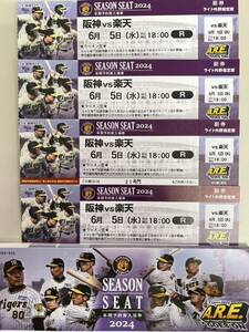 6月5日（水）甲子園球場　楽天戦　ライトスタンド指定席　18:00開始　4連番　