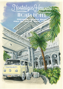 ノスタルジックなハワイ、オアフ島ワイキキのクラシックなホテル、モアナホテルを描きベニヤ板に印刷した作品：(7B)モアナホテル：B4サイズ