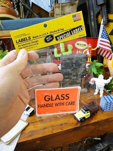 アメリカのパッキングラベル　Sサイズ蛍光オレンジ　（取り扱い注意/GLASS）　単品1枚　■　アメリカン雑貨　アメリカ雑貨