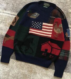 圧巻のデザイン 89年製 80s vintage ★ POLO COUNTRY RALPH LAUREN ★ ポロカントリー ラルフローレン パッチワーク 星条旗 ニットセーター