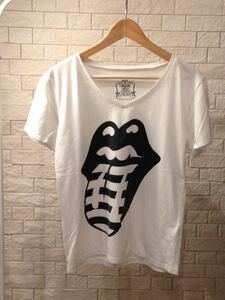 PINCEAU×ROCK A THEATER パンソー THE Rolling Stones ローリングストーンズ 半袖Tシャツ Vネック サイズ38 ホワイト