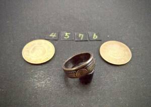 14号　 コインリング　 カラス1銭黄銅貨使用 　ハンドメイド手作り指輪 　1点物です（4576）