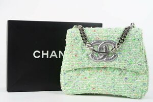 【超美品】CHANEL シャネル ツイード チェーン ハンドバッグ ココマーク グリーン系【QL58】