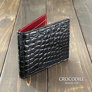 CROCODILE クロコダイル × イタリアンレザー IBIZA マネークリップ ブラック レッド イビザ 人気 財布 コンパクト スリム ミニ