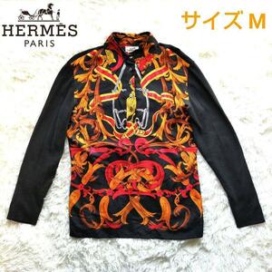 【美品】HERMES エルメス 極上の着心地！シルク100%高級素材 シャツ ブラウス ヴィンテージ ビンテージ 圧巻の総柄 ブラック レディース M