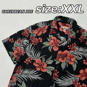 size:XXL【CARIBBEAN JOE】カリビアンジョー レーヨン100％ ハイビスカス 花柄 アロハシャツ オープンカラー ボックス ビッグサイズ 黒 赤