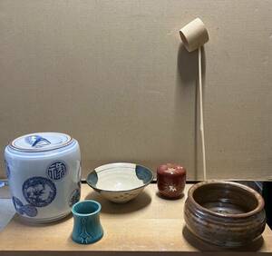 【No.51】茶道具 茶道 茶道具一式セット 建水 蓋置 水差し 茶碗 棗 柄杓 箱付き 茶器 陶器 中古品