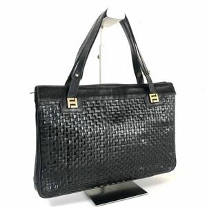 ■美品■超希少ヴィンテージ■FENDI フェンディ　トートバッグ　イントレチャート　ストロー素材×レザー　FF金具　イタリア製　ブラック