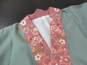 1円 良品 正絹 長襦袢 縮緬 式典 和装 刺繍半衿 無地 斜め縞 かわいい 袷 身丈119cm 裄64cm【夢職】★★★