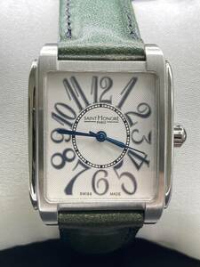 【2689】SAINT HONORE サントノーレ スイス製 スクエア型 全アラビア数字 レディース腕時計 お洒落 クォーツ 替えベルト付き 中古 稼働品