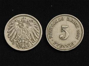 【ドイツ】 5ペニッヒ 1907年 A イーグル白銅貨　ドイツ帝国時代