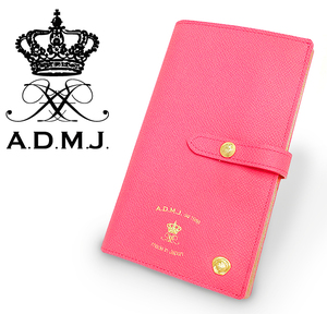 【未使用 超美品】 A.D.M.J ADMJ エーディエムジェイ 二つ折り長財布 ホック式 レザー 本革 ピンク ゴールド レディース スリム 薄型 小物