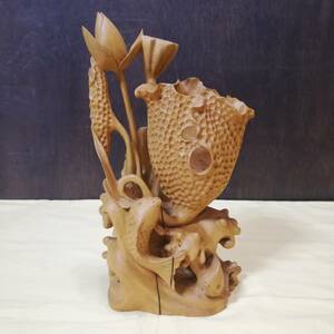 木製 彫刻 蓮 鯉 高さ24cm 木彫 置物