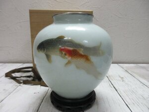 １円　安藤七宝 鯉文 花瓶 銀覆輪 美品 SILVER刻印 約15cm高 約920g 真鯉 緋鯉　安藤　七宝　鯉　双鯉 【星見】